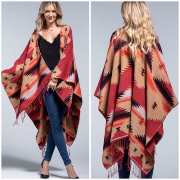 Tops - Red Rock Western Ethnic Oversized Knit Ruana Fringe Wrap Open Poncho Fall Casual